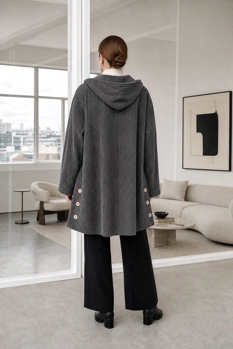 Laura | Corduroy Hooded Jacket in Grey, studio back view