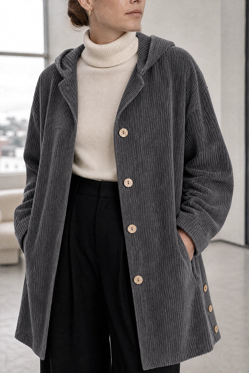Laura | Corduroy Hooded Jacket in Grey, fabric close-up