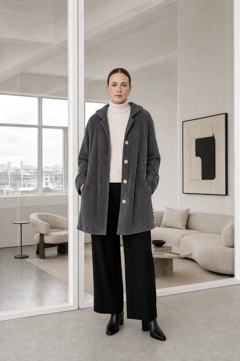 Laura | Corduroy Hooded Jacket in Grey, studio front view