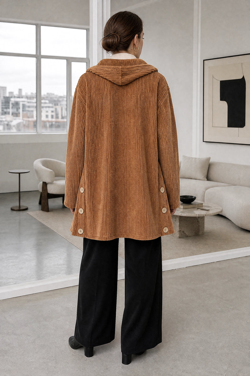 Laura | Corduroy Hooded Jacket in Khaki, studio back view