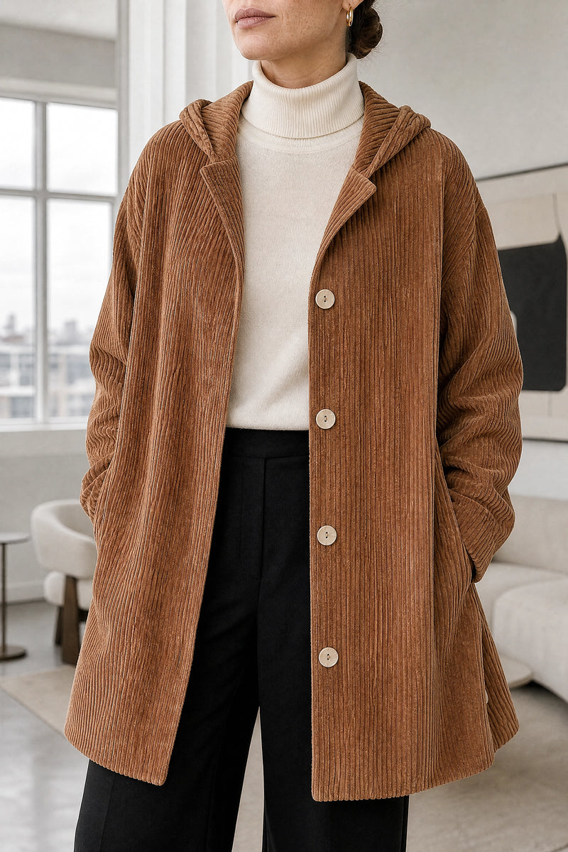 Laura | Corduroy Hooded Jacket in Khaki, fabric close-up