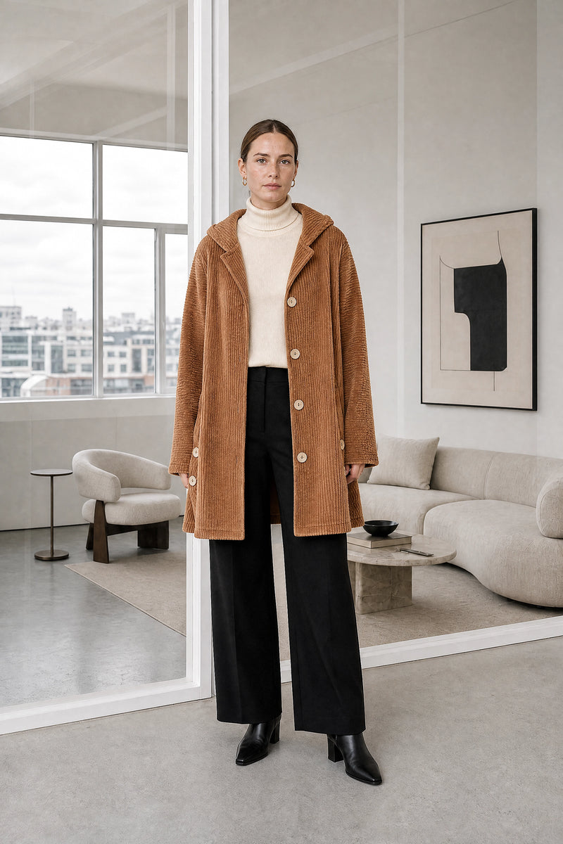 Laura | Corduroy Hooded Jacket in Khaki, studio front view
