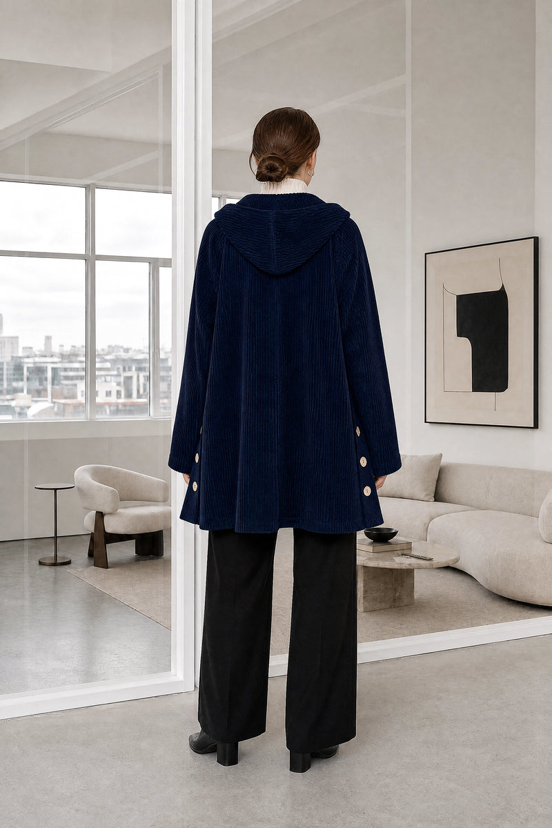 Laura | Corduroy Hooded Jacket in Navy, studio back view