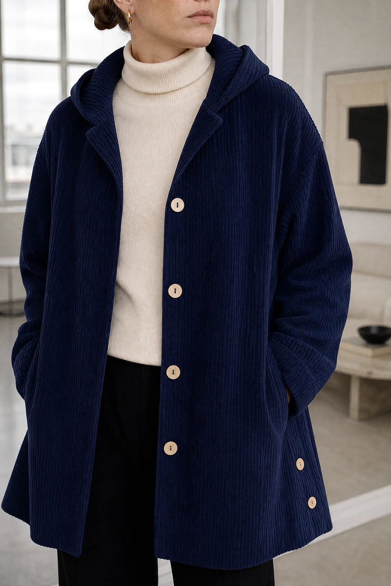 Laura | Corduroy Hooded Jacket in Navy, fabric close-up