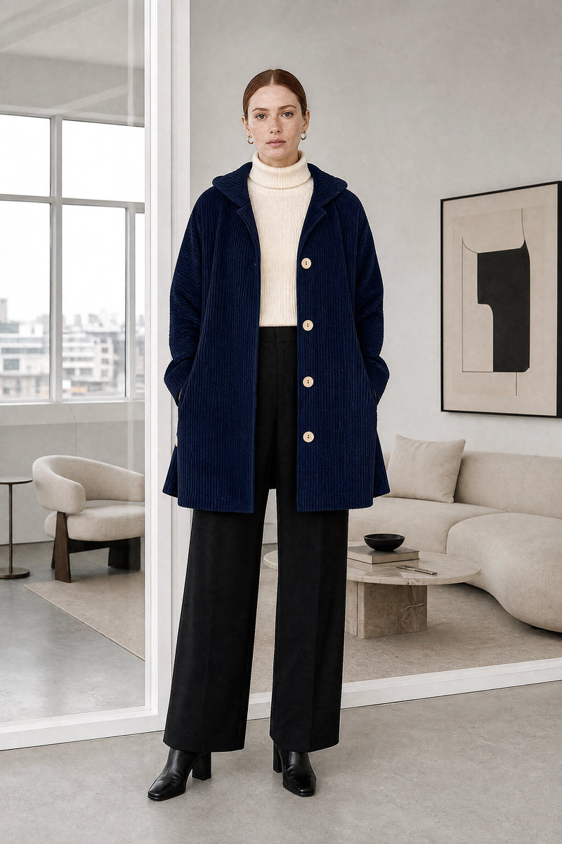 Laura | Corduroy Hooded Jacket in Navy, studio front view