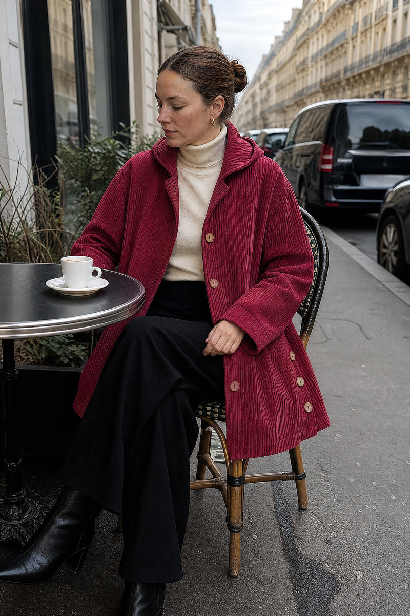 SOFAINE-V7-LIFE-Laura | Corduroy Hooded Jacket in Red, café scene