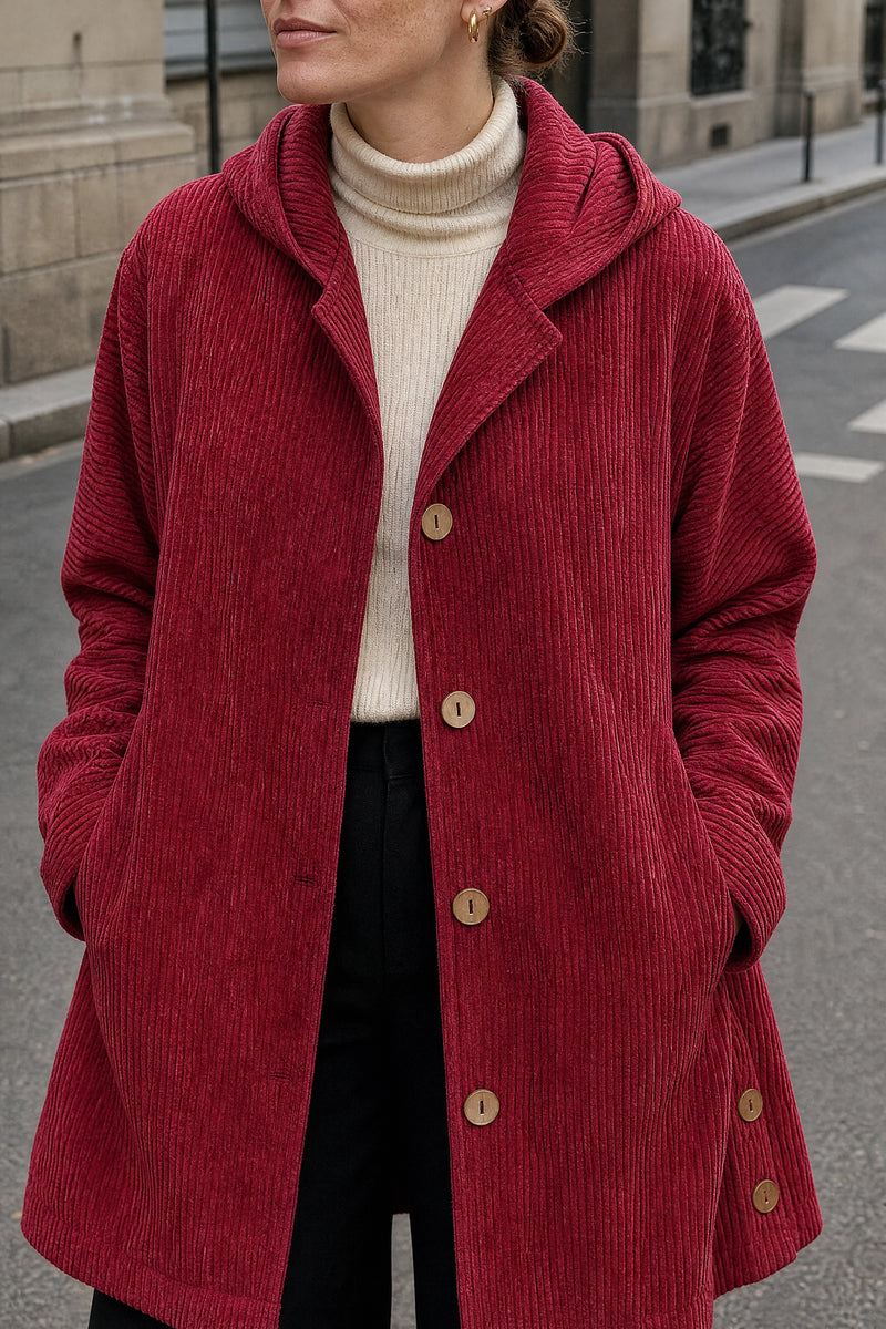SOFAINE-V7-LIFE-Laura | Corduroy Hooded Jacket in Red, detail close-up