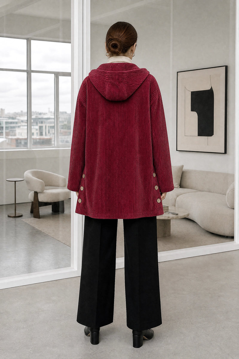 Laura | Corduroy Hooded Jacket in Red, studio back view