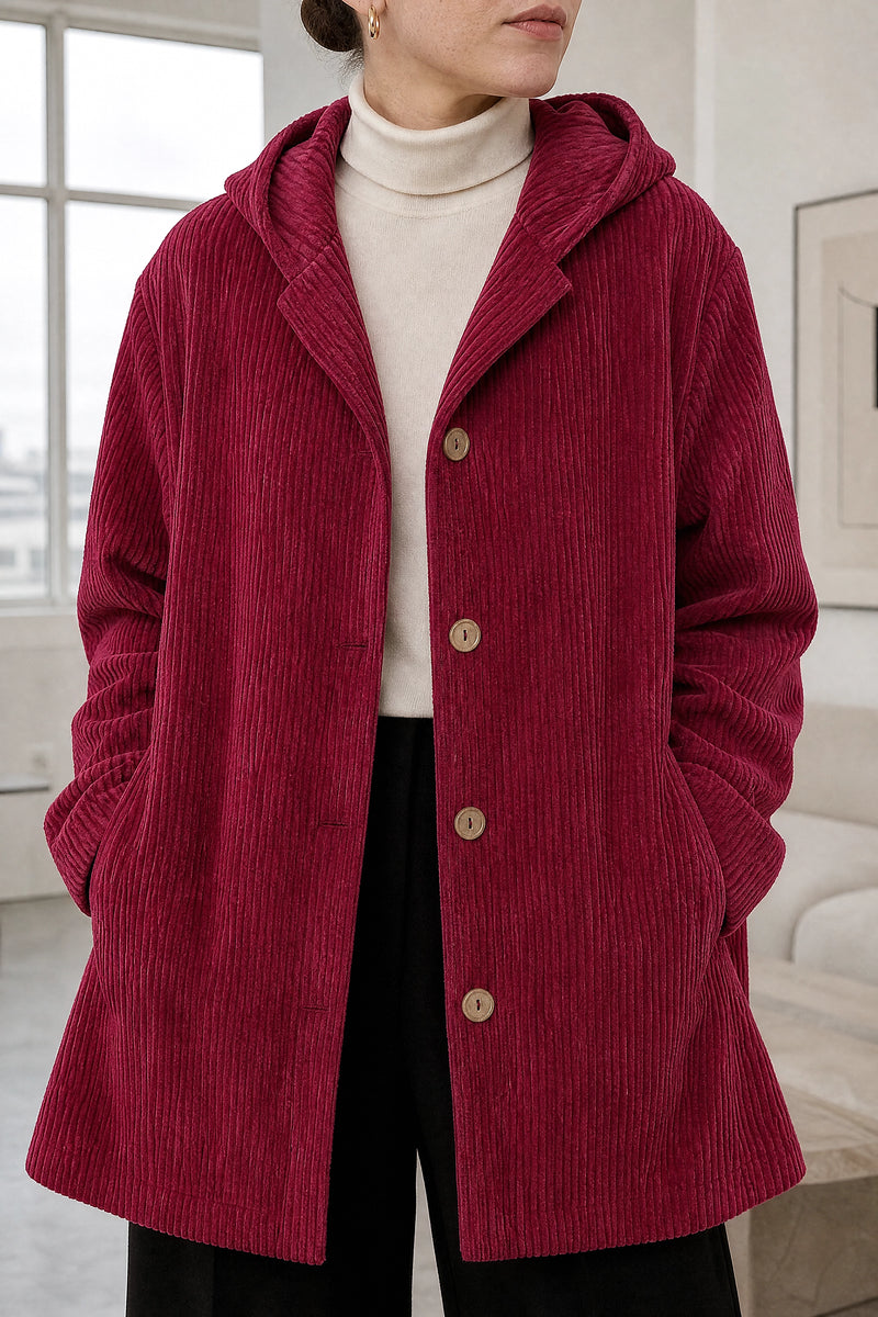 Laura | Corduroy Hooded Jacket in Red, fabric close-up