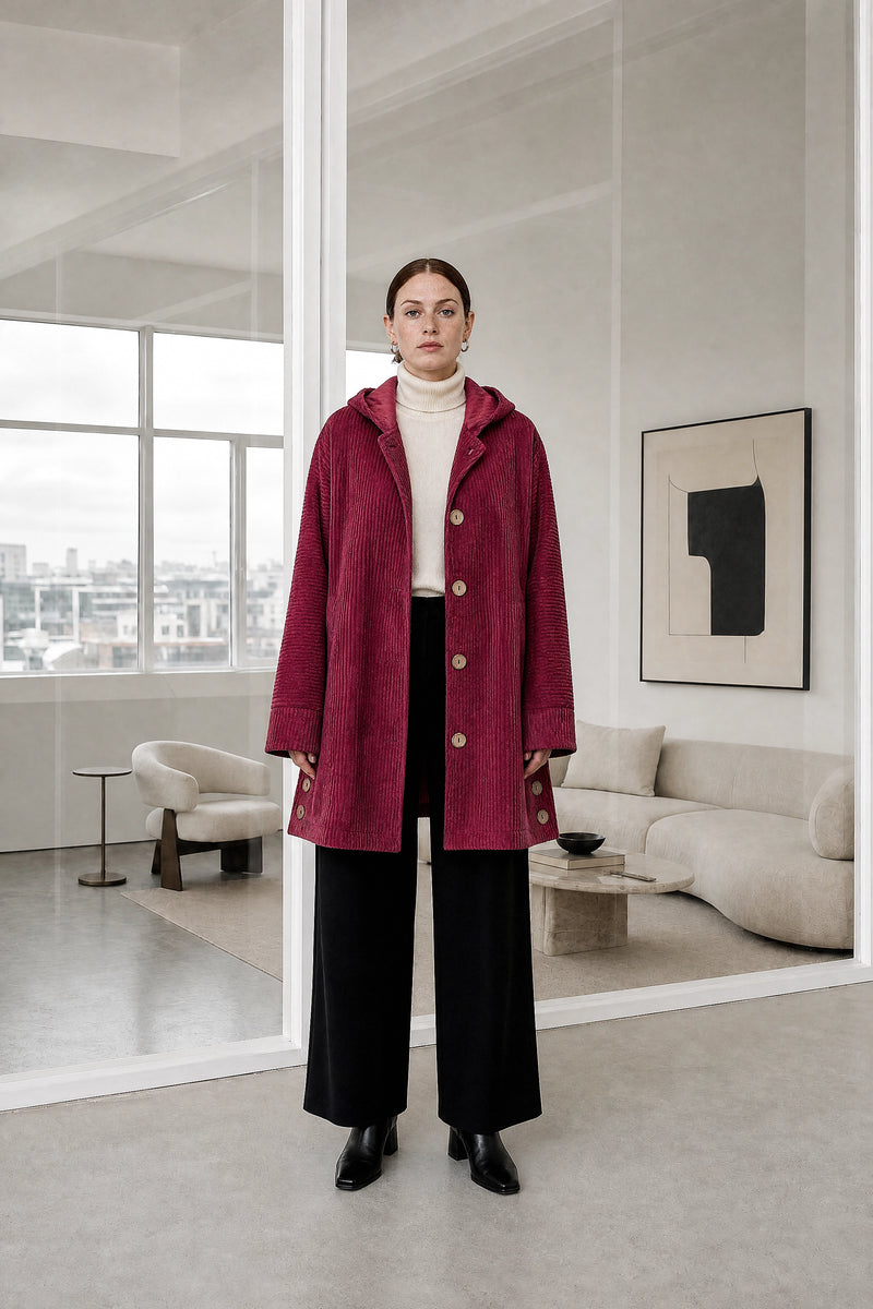 Laura | Corduroy Hooded Jacket in Red, studio front view