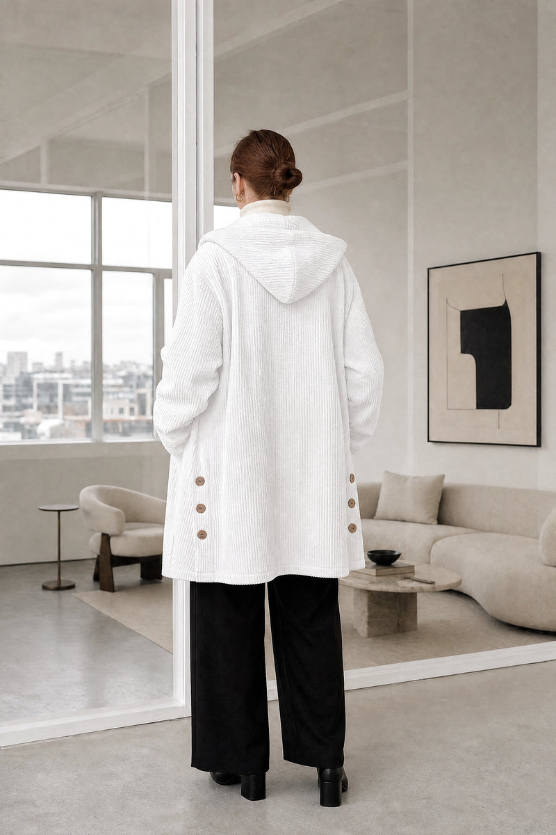 Laura | Corduroy Hooded Jacket in White, studio back view