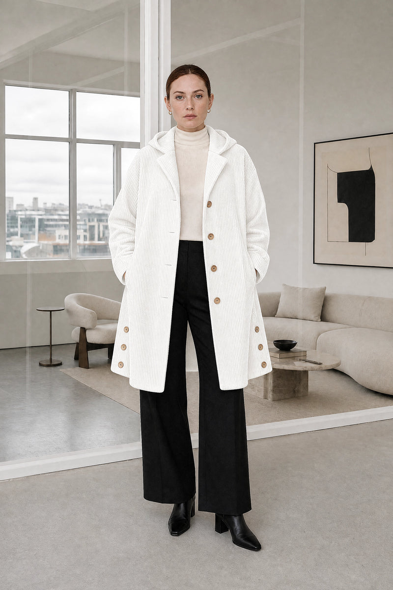 Laura | Corduroy Hooded Jacket in White, studio front view