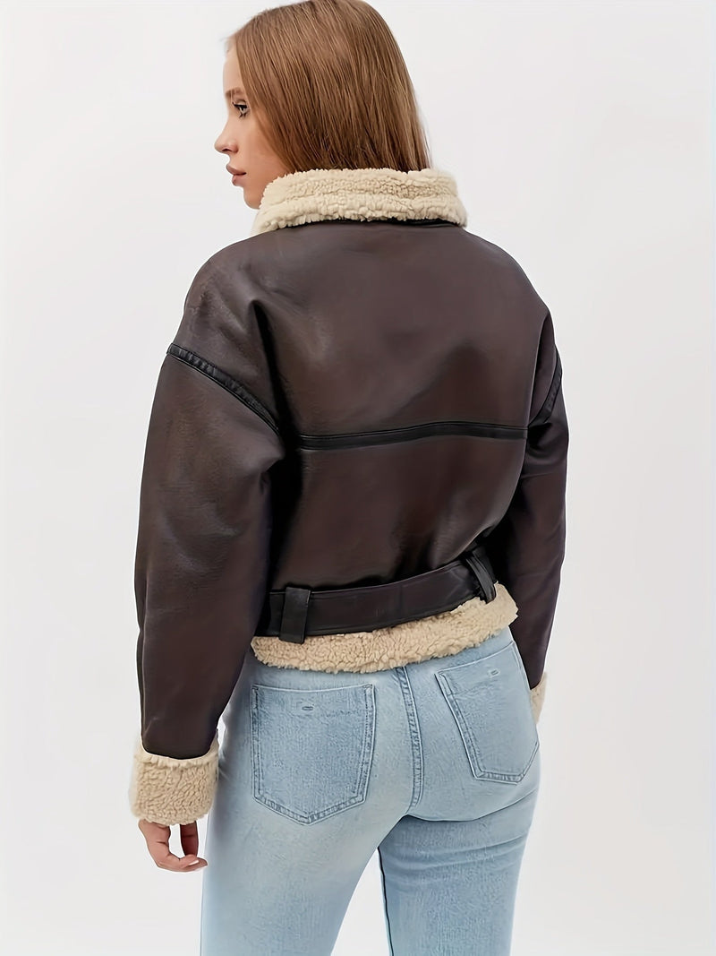 Faux Leather Aviator Jacket for Women with Sherpa Collar and Belted Hem in Coffee Brown, back view