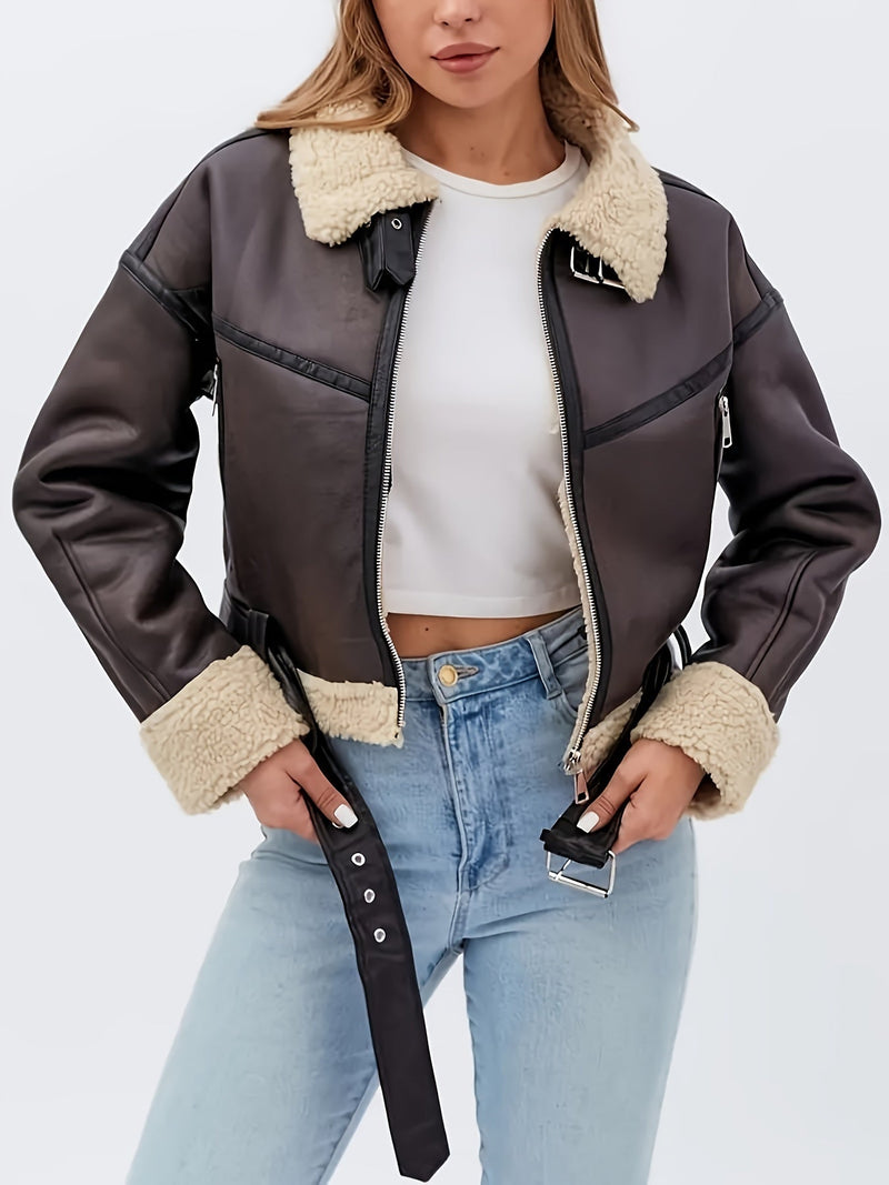 Faux Leather Aviator Jacket for Women with Sherpa Collar and Belted Hem in Coffee Brown, open front view