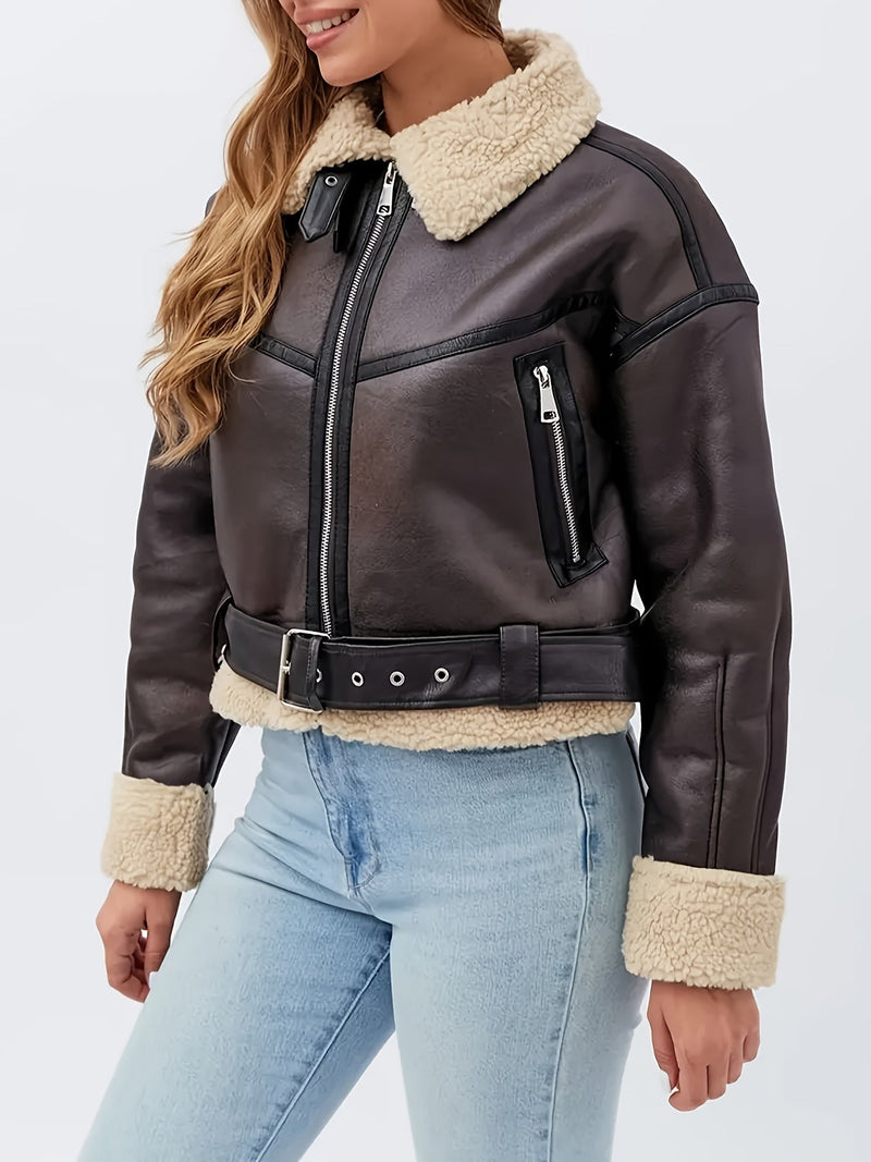 Faux Leather Aviator Jacket for Women with Sherpa Collar and Belted Hem in Coffee Brown, side view