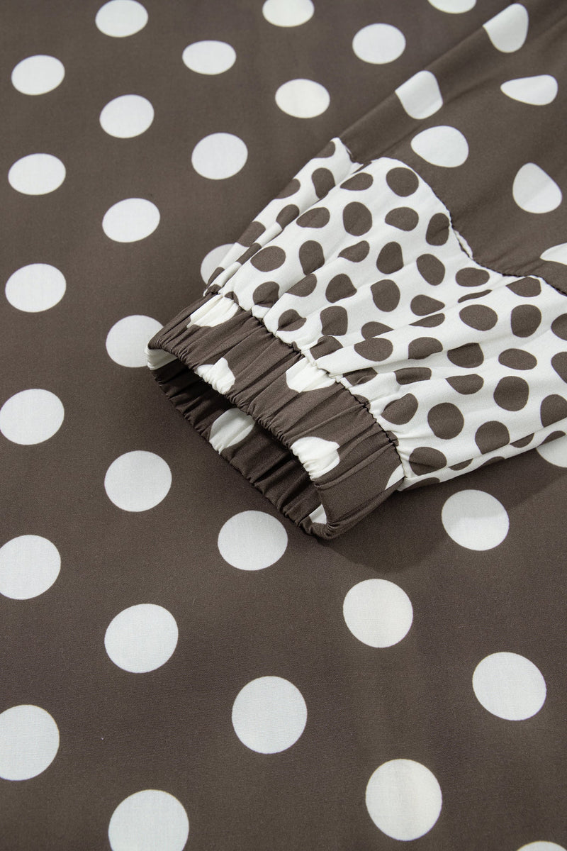 Polka Dot Zip Up Jacket for Women with Drawstring Hem and Contrast Cuffs in Brown, cuff detail