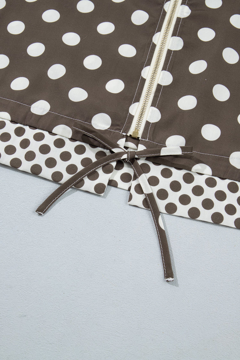Polka Dot Zip Up Jacket for Women with Drawstring Hem and Contrast Cuffs in Brown, drawstring hem detail