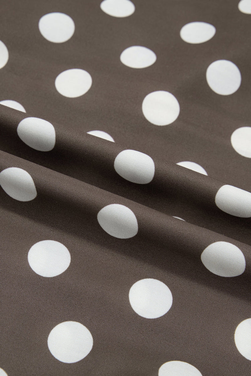 Polka Dot Zip Up Jacket for Women with Drawstring Hem and Contrast Cuffs in Brown, fabric close-up