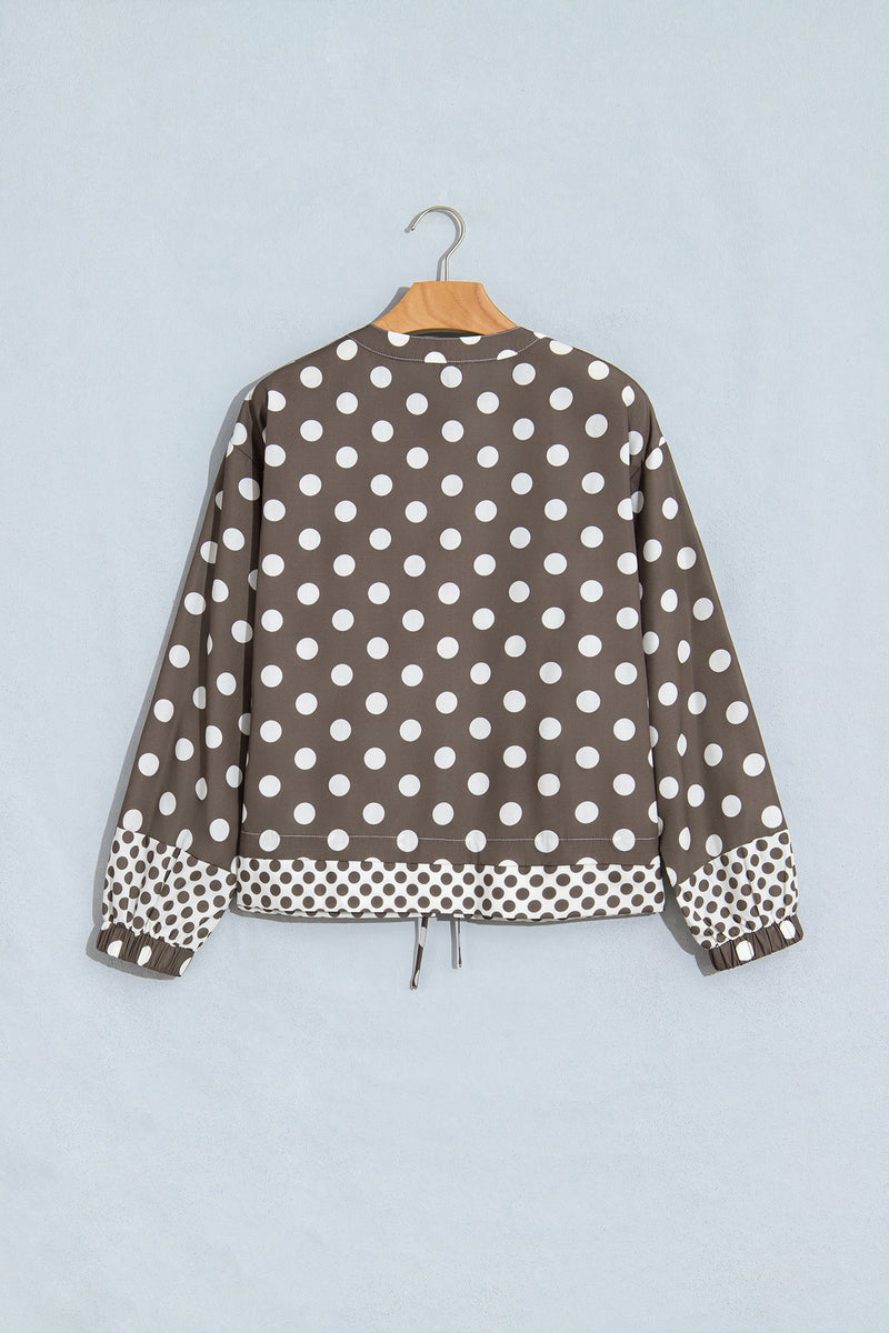 Polka Dot Zip Up Jacket for Women with Drawstring Hem and Contrast Cuffs in Brown, flat lay back