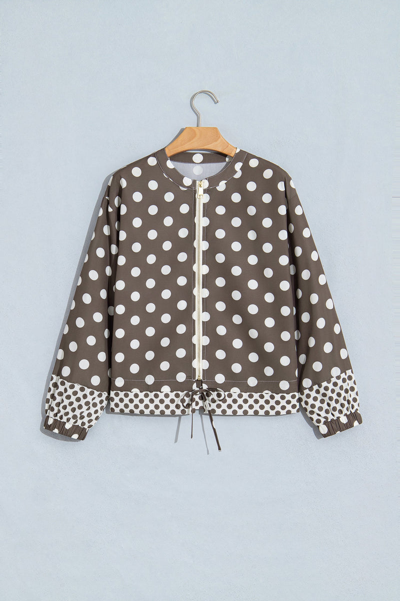 Polka Dot Zip Up Jacket for Women with Drawstring Hem and Contrast Cuffs in Brown, flat lay front