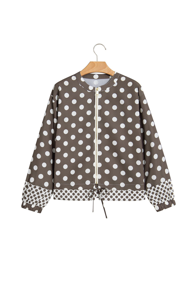 Polka Dot Zip Up Jacket for Women with Drawstring Hem and Contrast Cuffs in Brown, front view on white