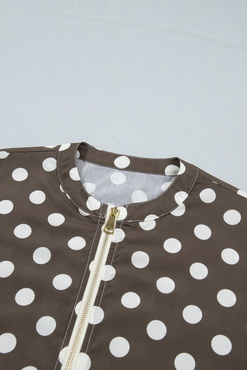 Polka Dot Zip Up Jacket for Women with Drawstring Hem and Contrast Cuffs in Brown, neckline detail