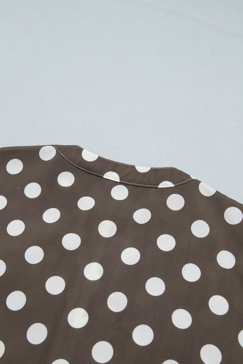 Polka Dot Zip Up Jacket for Women with Drawstring Hem and Contrast Cuffs in Brown, shoulder detail
