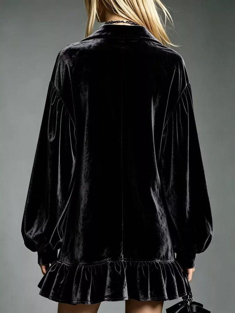 Long Sleeve Velvet Mini Dress for Women with Shirt Collar and Ruffle Hem in Black, back view