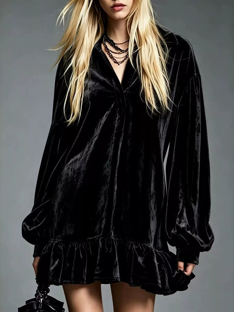 Long Sleeve Velvet Mini Dress for Women with Shirt Collar and Ruffle Hem in Black, front view