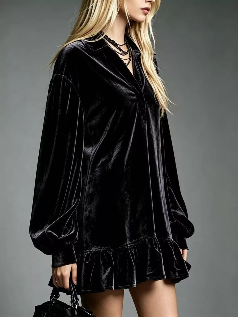 Long Sleeve Velvet Mini Dress for Women with Shirt Collar and Ruffle Hem in Black, side view