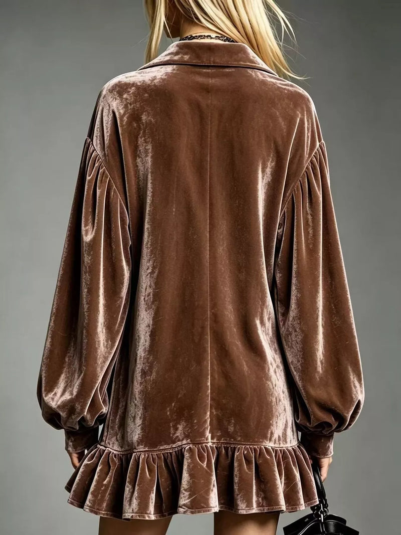 Long Sleeve Velvet Mini Dress for Women with Shirt Collar and Ruffle Hem in Brown, back view
