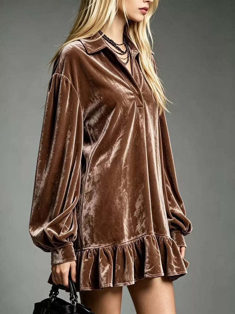 Long Sleeve Velvet Mini Dress for Women with Shirt Collar and Ruffle Hem in Brown, side view
