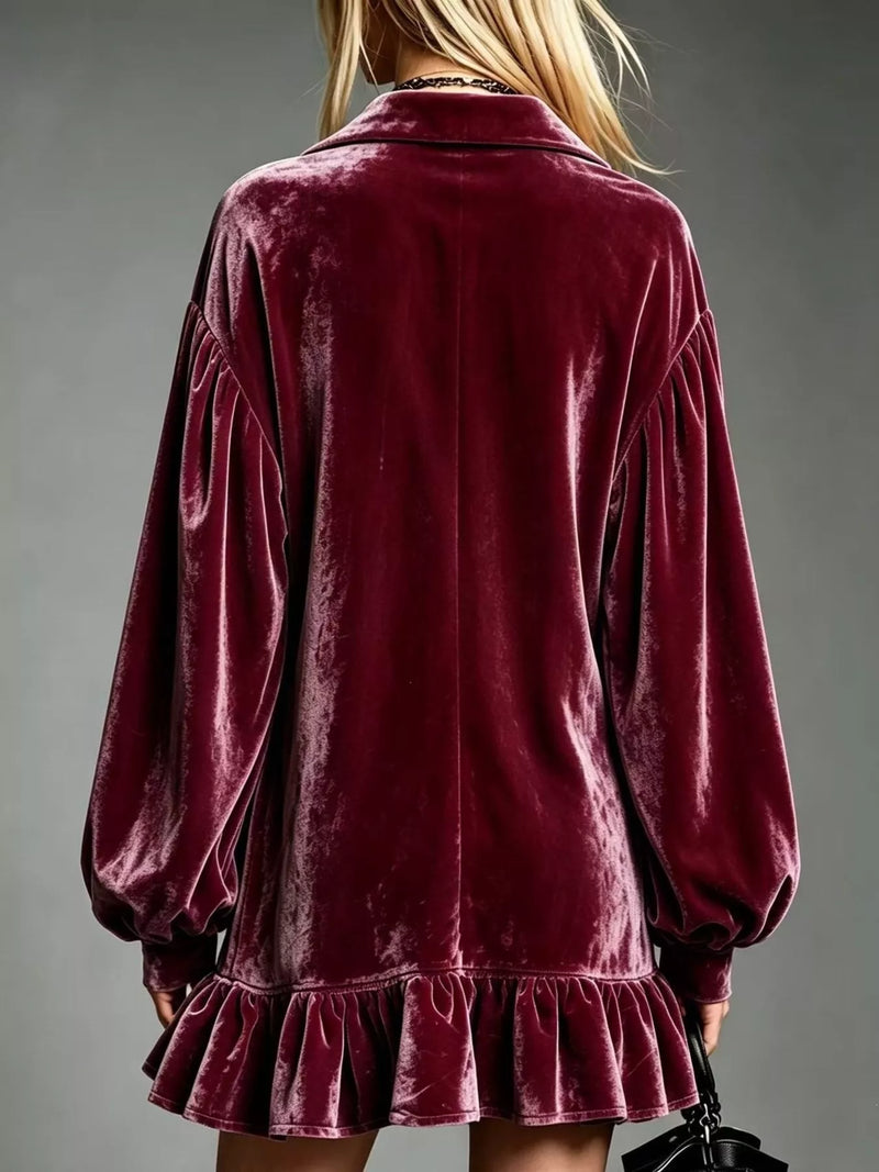 Long Sleeve Velvet Mini Dress for Women with Shirt Collar and Ruffle Hem in Burgundy, back view