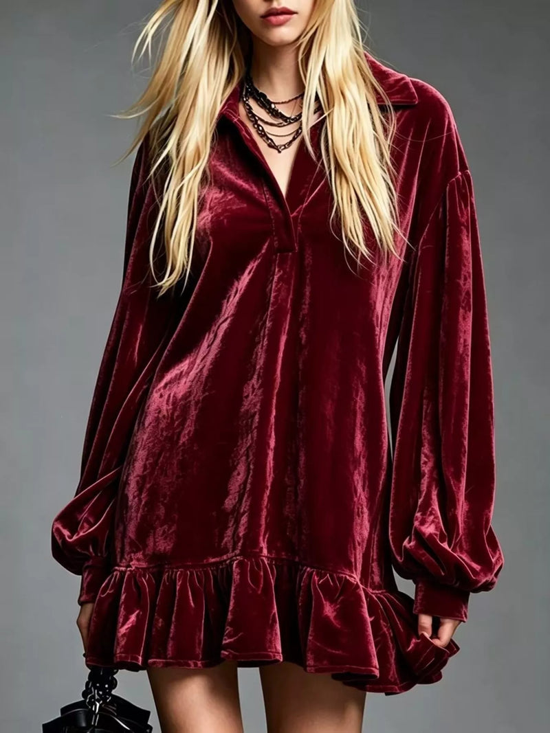 Long Sleeve Velvet Mini Dress for Women with Shirt Collar and Ruffle Hem in Burgundy, front view