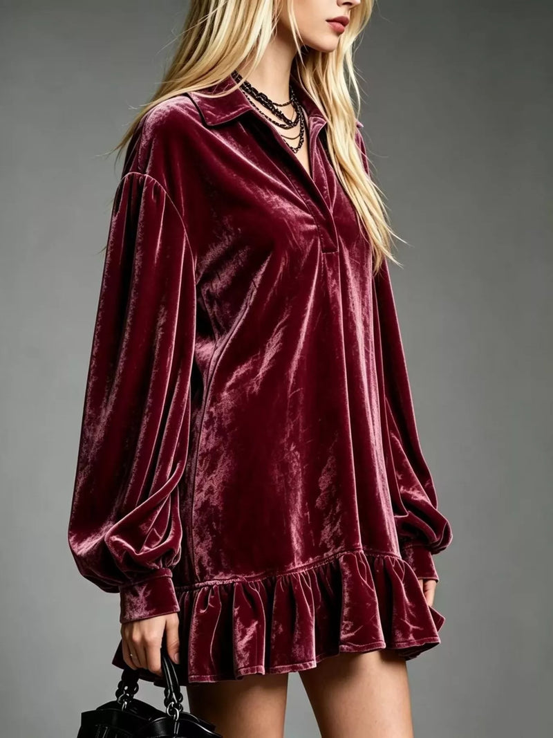 Long Sleeve Velvet Mini Dress for Women with Shirt Collar and Ruffle Hem in Burgundy, side view