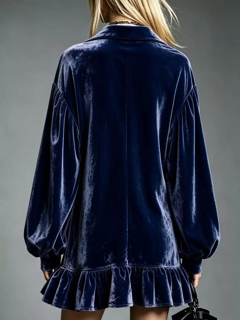 Long Sleeve Velvet Mini Dress for Women with Shirt Collar and Ruffle Hem in Dark Blue, back view