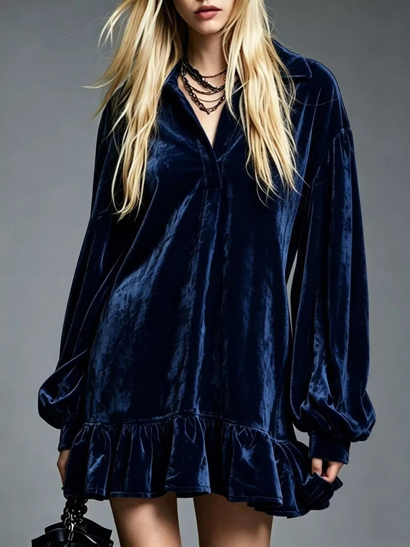 Long Sleeve Velvet Mini Dress for Women with Shirt Collar and Ruffle Hem in Dark Blue, front view