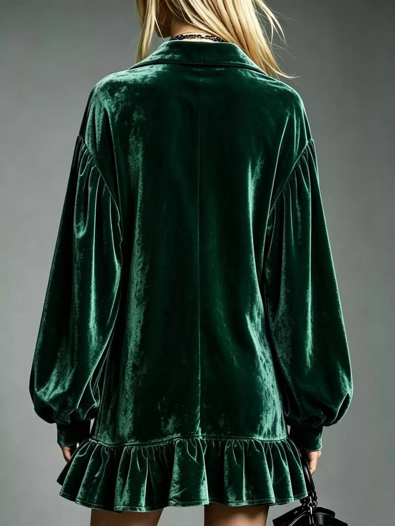 Long Sleeve Velvet Mini Dress for Women with Shirt Collar and Ruffle Hem in Dark Green, back view