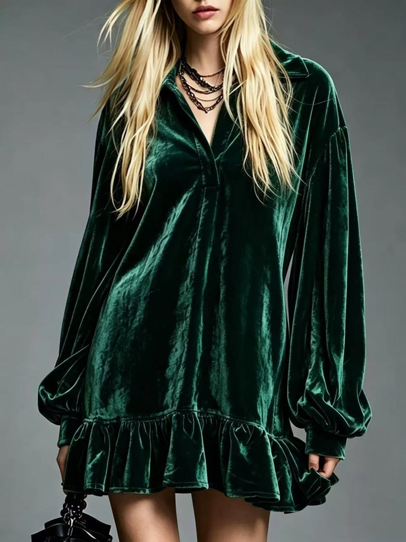 Long Sleeve Velvet Mini Dress for Women with Shirt Collar and Ruffle Hem in Dark Green, front view