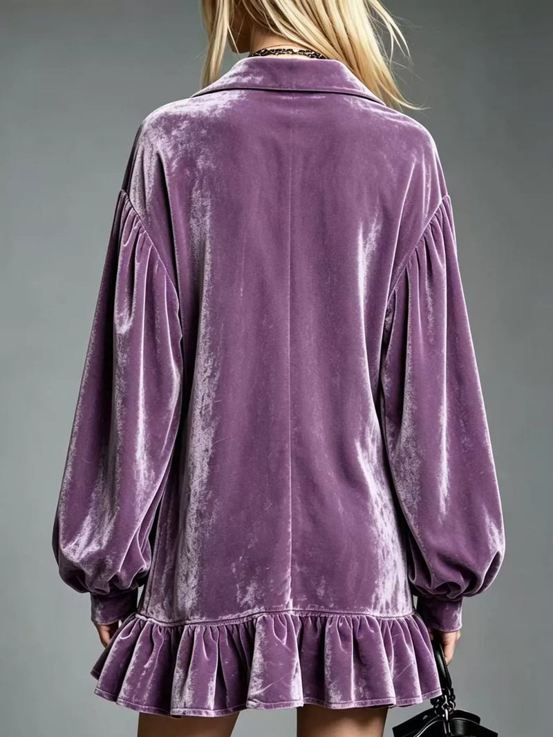 Long Sleeve Velvet Mini Dress for Women with Shirt Collar and Ruffle Hem in Lilac, back view