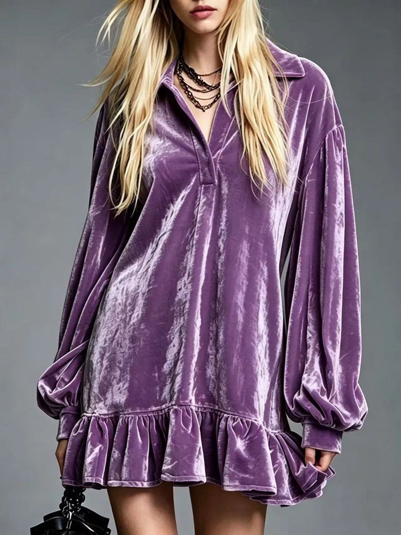 Long Sleeve Velvet Mini Dress for Women with Shirt Collar and Ruffle Hem in Lilac, front view