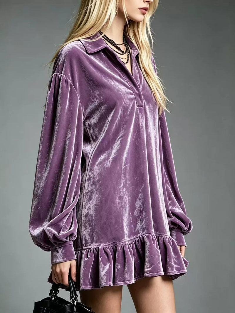 Long Sleeve Velvet Mini Dress for Women with Shirt Collar and Ruffle Hem in Lilac, side view