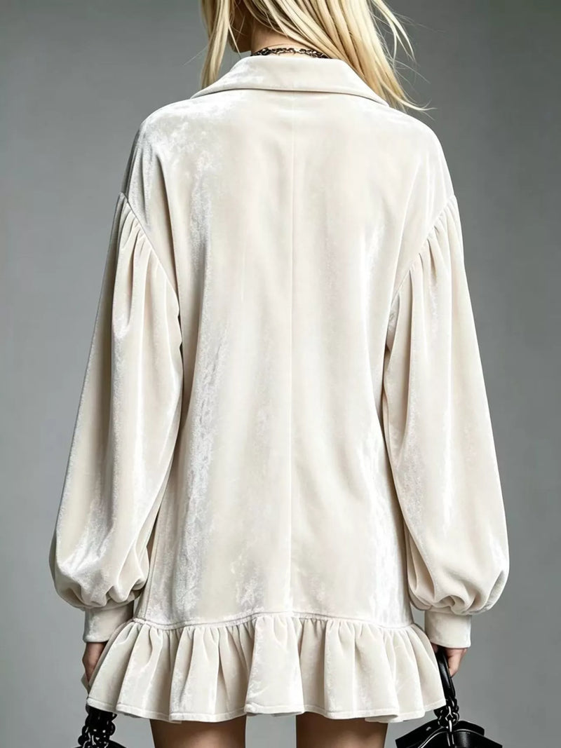 Long Sleeve Velvet Mini Dress for Women with Shirt Collar and Ruffle Hem in White, back view