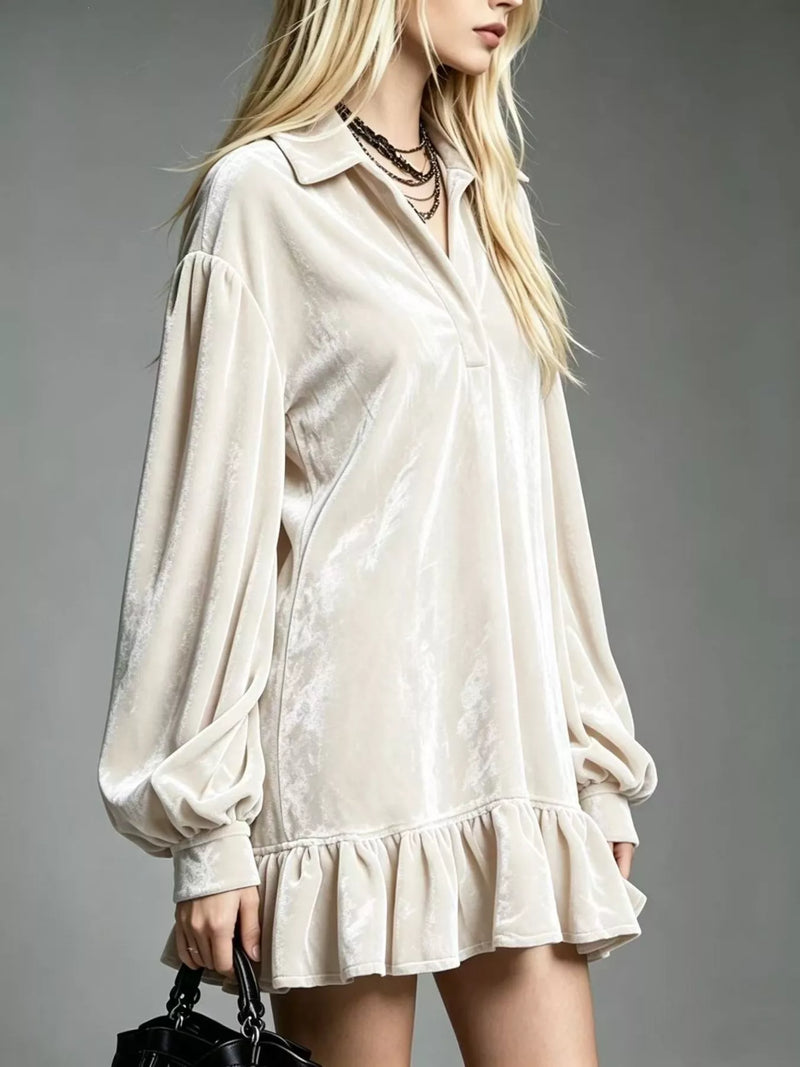 Long Sleeve Velvet Mini Dress for Women with Shirt Collar and Ruffle Hem in White, front view 2