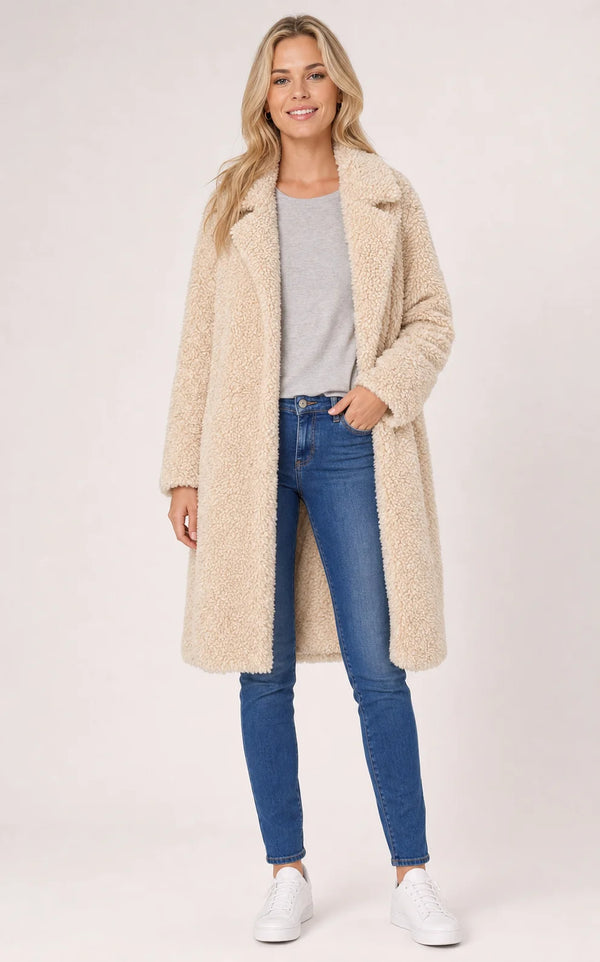 Sofaine Layla longline teddy fleece coat in Apricot, worn front hero