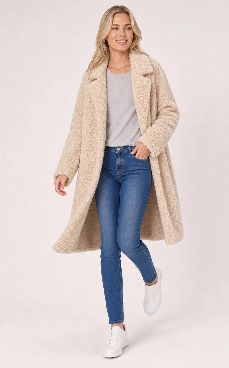 Sofaine Layla longline teddy fleece coat in Apricot, styled full look
