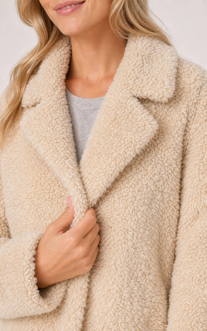 Sofaine Layla longline teddy fleece coat in Apricot, lapel and sherpa texture detail