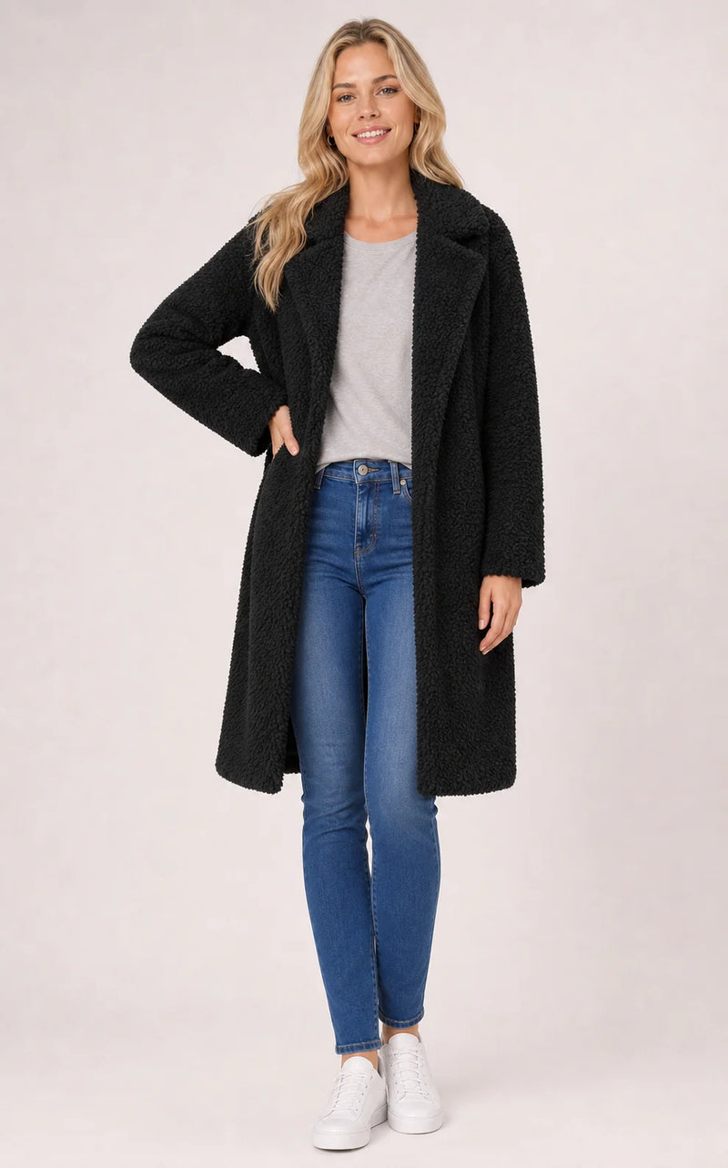 Sofaine Layla longline teddy fleece coat in Black, worn front