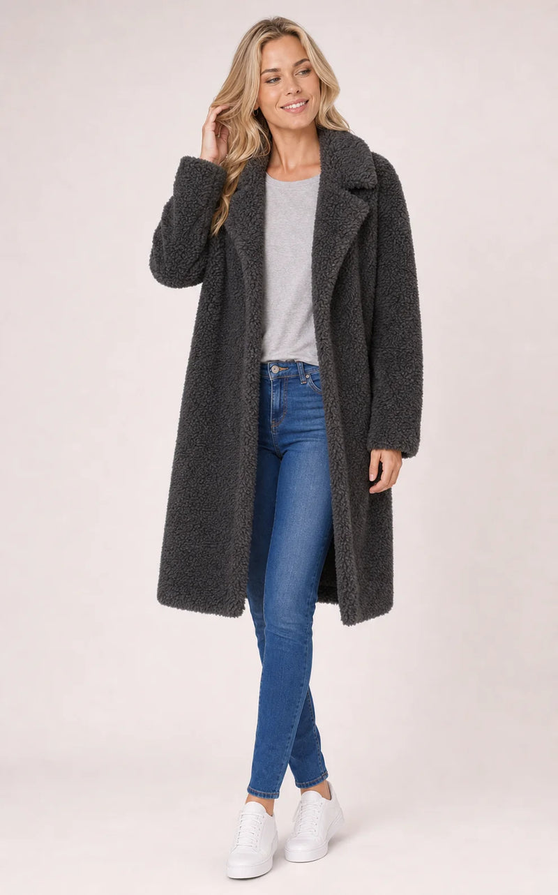 Sofaine Layla longline teddy fleece coat in Dark Gray, worn front