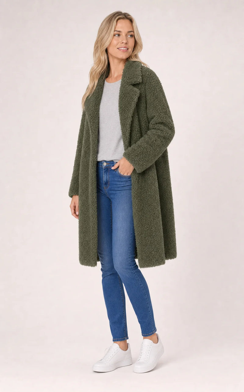 Sofaine Layla longline teddy fleece coat in Army Green, worn front